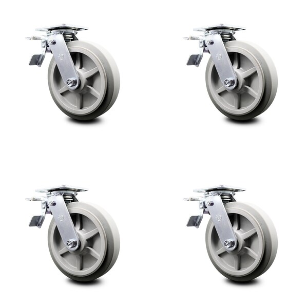 8 Inch Thermoplastic Rubber Caster Set with Roller Bearings and Total Lock Brake